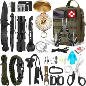 Survival Kit, 32 in 1 Professional Emergency Survival Gear Equipment Tools First Aid Supplies with Molle Pouch Gifts Ideas for Men Families SOS Tactical Hiking Hunting Disaster (Green)