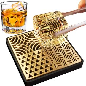 Ice Stamp Tray for Cocktails & Whiskey - Brass Ice Cube Imprinter for Clear Ice Cubes -Ice Press Craft Modern Ice Molds Stamps-A Style