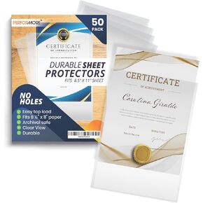 Performore 50 Clear No Hole Sheet Protectors, 8.5" x 11", Plastic Sheet Sleeves, Top Loading Paper Protector, Archival Safe for Documents and Photos