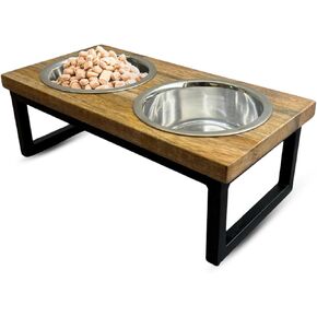 Food & Water Non-Slip Metal Dog Bowl Elevated - Removable Stainless Steel Feeding Dish with Contemporary Wooden Stand for Cats & Small - Medium Size Dogs (1 Pint/16Oz)