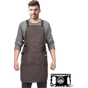 Canvas Chef Apron - Cross Back Straps Mens Apron for Butcher ، Bartender ، Brilling ، BBQ ، Kitchen ، Workshop and Artist
