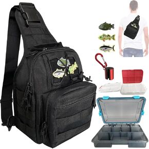 Fishing Backpack with 2 Tackle Boxes Outdoor Fish Tackle Storage Bag DIY Logos Small Sling Backpack Fly Fish Sling Pack for Fishing Hiking Hunting and Traveling