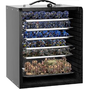 Miniature Storage Case for Collectibles Miniatures, Wooden Display Cases with 6 Trays, Miniature Display Case Miniatures Transport Case (Black)