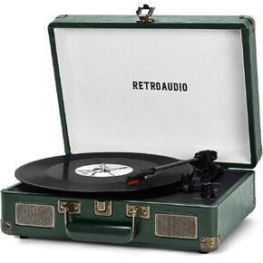 Vinyl Record Player 3-Speed Bluetooth Portable Suitcase Belt-Driven Record Player with 2 Built-in Stereo Speakers Vinyl Vintage Turntable Phonograph Records Player with RCA Line Out, AUX Out (White)