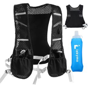 Running Vest with 500ML Soft Water Bottle 7 Pockets Running Hydration Vest with Phone Holder Breathable Reflective Adjustable Chest Straps & Waistband Running Vest for Women Men Super Light