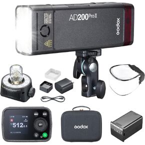 Godox AD200 Pro II AD200ProII Flash Strobe Updated 200Ws 1/512~1/1, 5800±200K Bi-Color TTL 1/8000s with 2.4G Wireless X System Bare Bulb/Speedlite Fresnel Flash Head Pocket Flash Monolight