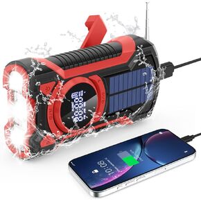 Emergency Radio Hand Crank Solar 5000mAh, IP65 Waterproof Dustproof Bluetooth 5.3 Portable AM/FM/NOAA Weather Alert Radio with Flashlight, Phone Charger, SOS, Headphone Jack -Red