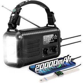 Emergency Weather Radio, 20000mAh Solar Radio, Hand Crank Radio with AM/FM/NOAA, Portable Radios with Flashlight & Reading Lamp, Earphone Jack,SOS Alarm, Phone Charger for Indoor Outdoor Emergencies