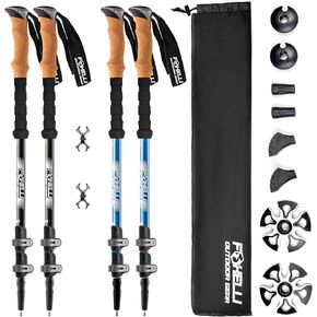 Foxelli Hiking Poles Bundle (2 Pairs) – Black & Blue Collapsible Lightweight Aircraft-Grade Aluminum Trekking Poles with Accessories