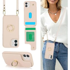 for iPhone 12 Mini Case with Card Holder and Strap for Women,Crossbody Lanyard,Kickstand Ring Stand,Snap Clasp,RFID Blocking,Phone Wallet Cases 5.4 inch(Beige)