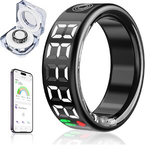 Smart Ring for Women with Led Display Screen Black Smart Rings for Men Health Ring Compatible with iOS/Android Sleep Tracker Ip68 Waterproof Fitness Ring Bluetooth Connection