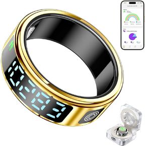 Smart Ring with Display Screen, Smart Rings Health Tracker IP68 Waterproof Fitness Ring for Women Men, Step Tracker Exercise Tracking, Gold 9