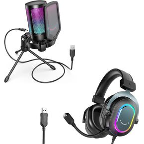 FIFINE Gaming USB Microphone with Headset Bundle for PS5, PC Condenser Mic with Quick Mute, RGB, Gain Control for Streaming, Wired Headphones with Microphone Set with EQ Mode, Soft Ear Pads (A6V+H6)
