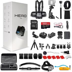 GoPro Hero (Go Pro Hero) Black Compact - Waterproof Action Camera with 4K Ultra HD Video, 12MP Photos, Stabilization + 50-in-1 Accessory Kit + 64GB Card + More (Renewed)