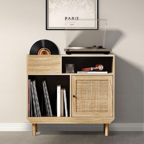 Vintage Record Player Stand, Vinyl Record Storage Table ,Turntable Stand Record Player Cabinet with Storage, Vinyl Record Player Stand with Rattan Door, Printer Stand with Open Storage Shelves-Natural