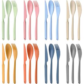 Knives Spoons and Forks Set, JINGIHE 8 Sets Large BPA Free Reusable Travel Utensils, Plastic Cutlery set Portable Lunch Tableware for Kids Adults Camping School Outdoor Picnic Office Daily Use(8in)