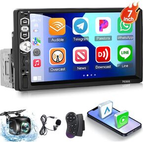 NHOPEEW 7 Inch Single Din Touchscreen Car Stereo with Carplay and Android Auto - 1 Din Carplay LCD Screen Radio with Mirror Link, Bluetooth 5.1, FM Radio, Steering Wheel Control + Rearview Camera