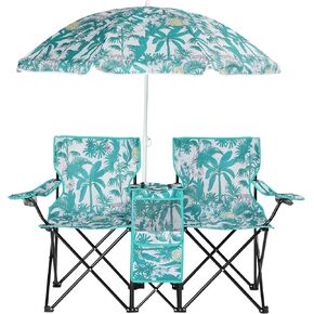 Outvita Folding Double Camping Chair w/Umbrella Beverage Holder Carrying Bag Cooler Fold Up Table, Large Bearing Capacity for Beach Patio Pool Park Outdoor Black