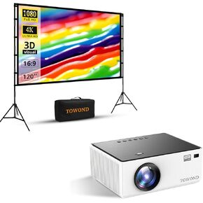 Outdoor Projector and Screen Packages, Towond 120 inchProjector Screen and Stand Wrinkle-Free Lightweight with Carry Bag, Native 1080p Mini Smart Projector with Android TV 11.0