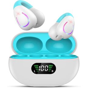 Open Ear Headphones,True Wireless Bluetooth 5.3 Lightweight Comfort Bone Conduction Clip On Earbuds with LED Digital Display Charging Case Sport Built-in Mic IPX7 Waterproof for Running Fitness,Blue