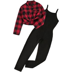 Girls Autumn 2 Piece Outfits Plaid Long Sleeve Button Down Shirt crop Top and Cami Jumpsuit pants set 7-13 Years