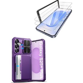 for Samsung Galaxy S25+ Plus Case with HD Tempered Glass Screen Protector [2 Pack], Build-in Card Holder, Slide Camera Cover, Case for Galaxy S25+ Plus 6.7", Dark Purple