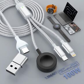 100W Multi Charger Cable for Samsung Galaxy Watch, 3 in 1 USB A+C Travel Multi Galaxy Watch 7/6 Classic/6/5 Charger Cord, 1.8M/6FT USB C Fast Charging Cable for Galaxy S23/22/Android/iPhone 16 15 14