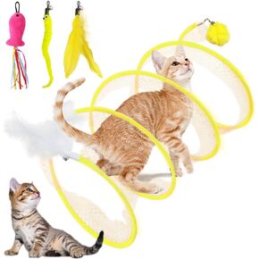 Cat Spiral Tunnel Toy Collapsible, Self Play Toy for Indoor Cats, S Type Tunnel with Feather Toys, Interactive Cat Springs Toys, Puppy, Kitty, Kitten, Rabbit (Blue)