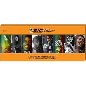BIC Maxi Pocket Lighter, Special Edition Bob Marley Collection, Assorted Unique Lighter Designs, 8 Count Pack of Lighters