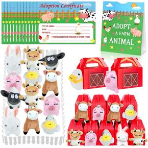 38 Pcs Farm Animal Party Favors Include 12 Foldable Farm Boxes 12 Mini Stuffed Animals 12 Adoption Card 1 Adopt Sign 1 Fence for Adopt A Farm Animal Party Adopt a Pet Party Favors