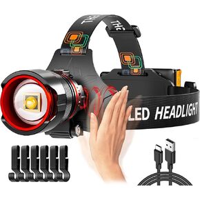 Rechargeable LED Headlamps, 990000LM Bright Headlamp with Motion Sensor & Zoomable, 12 Modes, IPX7 Waterproof Headlight for Forehead, 125° Adjustable & Brightest Head Lamp for Adults, Camping, Hardhat