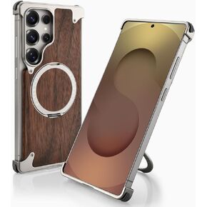 OATSBASF Magnetic Wood Case Compatible with Samsung Galaxy S25 Ultra, [Natural Wood & Aluminum] Shockproof Protective Cover Unique Wooden Case with 360° Ring Stand, Black