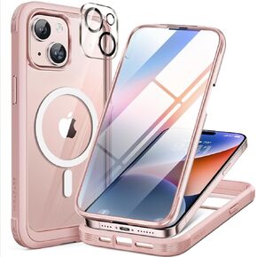 Miracase Glass Series for iPhone 15 Case [Compatible with MagSafe] Full-Body Magnetic Case with Built-in 9H Tempered Glass Anti-Fingerprint Screen Protector + Camera Lens Protector, Pink