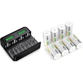 EBL LCD Rechargeable Battery Charger - 8 Bay AA AAA C D Battery Charger Rechargeable C Batteries 5000mAh Ni-MH C Size Battery, Pack of 8
