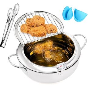Deep Fryer Pot with Thermometer and Oil Drain Rack – Japanese Style Stainless Steel Tempura Frying Pot with Lid for Deep Frying Fish, Chicken, French Fries 10.23 * 10.23 * 4.53 In - 3.2L