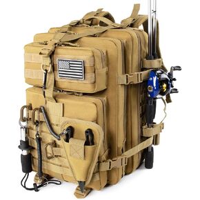 45l Large Fishing Tackle Backpack with Removable Plier Holder & Rod Holders, Khaki Tactical Bag, Fishing Gear and Tackle Box Organizer, Hiking Rucksack without Tackle Box
