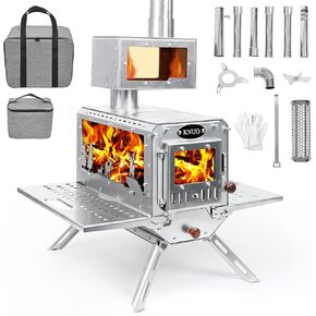 Wood Hot Tent Stove with Heatproof Mesh, Portable Camping Stove Temperature Gauge,3 High-Temperature Glass Windows, 2.5mm 304 Stainless Steel, Hearth Pro Stove-Smart