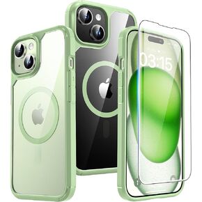 TAURI 3-in-1 Magnetic for iPhone 15 Case Green, [Compatible with Magsafe] [Not Yellowing] with 2X Screen Protector, Slim Shockproof Phone Case for iPhone 15