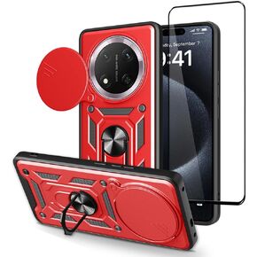 Case for Huawei Honor X9C / Honor Magic 7 Lite with Tempered Glass Screen Protector,Sliding Camera Window, Kickstand, Shock-Proof Anti-Scratch Dual-Layer Phone Cover, Black