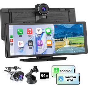 Portable Wireless CarPlay Screen for Car with 4K Dash Cam+1080P Backup Camera, 10.26"IPS Touchscreen Car Stereo, Supports CarPlay/Android Auto/Voice Control/GPS Navigation/Bluetooth/Mirror Link