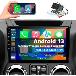 Car Radio Stereo for Jeep Wrangler JK 2007-2018 Dodge Ram 1500 2500 3500 Grand Cherokee, Android 13 2G+64G with CarPlay Android Auto 10 inch Touchscreen Head Unit, GPS BT WiFi AM/FM, Rear View Camera