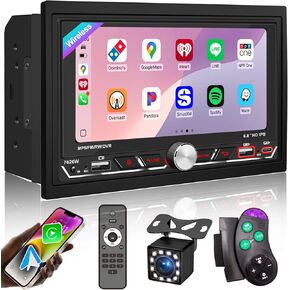 Wireless Apple Carplay ، Stereo double Din Car ، Bluetooth 5.2 ، FM AM Car Radio ، HD 1280*600 عرض ، 6.8 بوصة الشاشة لمسات ، التنقل في نظام تحديد المواقع العالمي (GPS) ، ANDROID AUTO