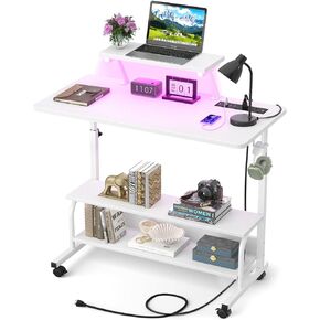 Height Adjustable Standing Desk with Power Outlets and LED Lights - 32" Manual Stand Up Desk with Monitor Stand and Storage Shelves Small Mobile Rolling Computer Desk Portable Laptop Table, Black