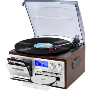 Multifunctional Record Player with Bluetooth, 3-Speed Turntable, AM/FM Radio, CD/Cassette Player, USB/SD/MMC Input Black