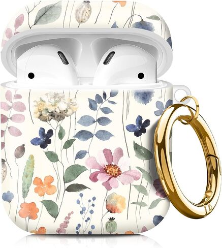 Compatible with AirPod 1/2 Case Cover with Golden Keychain, TPU Protective Shockproof Case for AirPod 1st&2nd Generation for Girls Women（Cute Watercolor Flowers in Saudi Arabia
