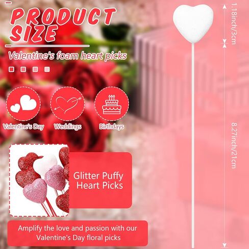 6 Pcs Valentine's Day Glitter Foam Hearts Sticks Foam Heart Picks Sparkly Hearts Styrofoam Stems Puffy Heart Wooden Picks for Valentine Wedding Decorations Flower Arrangements Crafts (Red,Pink) in Saudi Arabia
