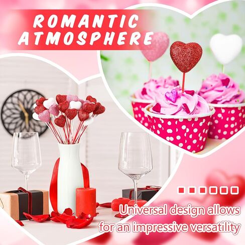 6 Pcs Valentine's Day Glitter Foam Hearts Sticks Foam Heart Picks Sparkly Hearts Styrofoam Stems Puffy Heart Wooden Picks for Valentine Wedding Decorations Flower Arrangements Crafts (Red,Pink) in Saudi Arabia
