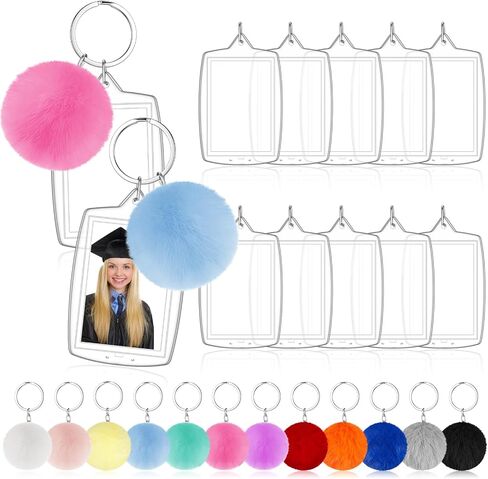 Henoyso 12 Pcs 2 x 3 Inches Picture Frame Keychain Acrylic Photo Keychain Rectangle Acrylic Keychain Blanks with Colorful Fluffy Poms in Saudi Arabia