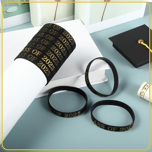 50 Pcs Class of 2025 Wristbands Graduation Bracelets 2025 Prom Silicone Grad Wristbands Celebrating Rubber Bracelets Graduation Gift for Even Party Favors Supply(Black) in Kuwait