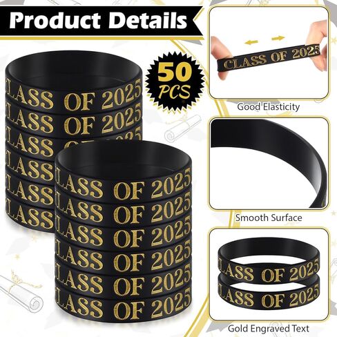 50 PCS Class of 2025 Wristbands Bracelets 2025 Prom Silicone Gradbands تحتفل بهدية تخرج الأساور المطاطية لتوريد الحفلات (الأسود) in Kuwait